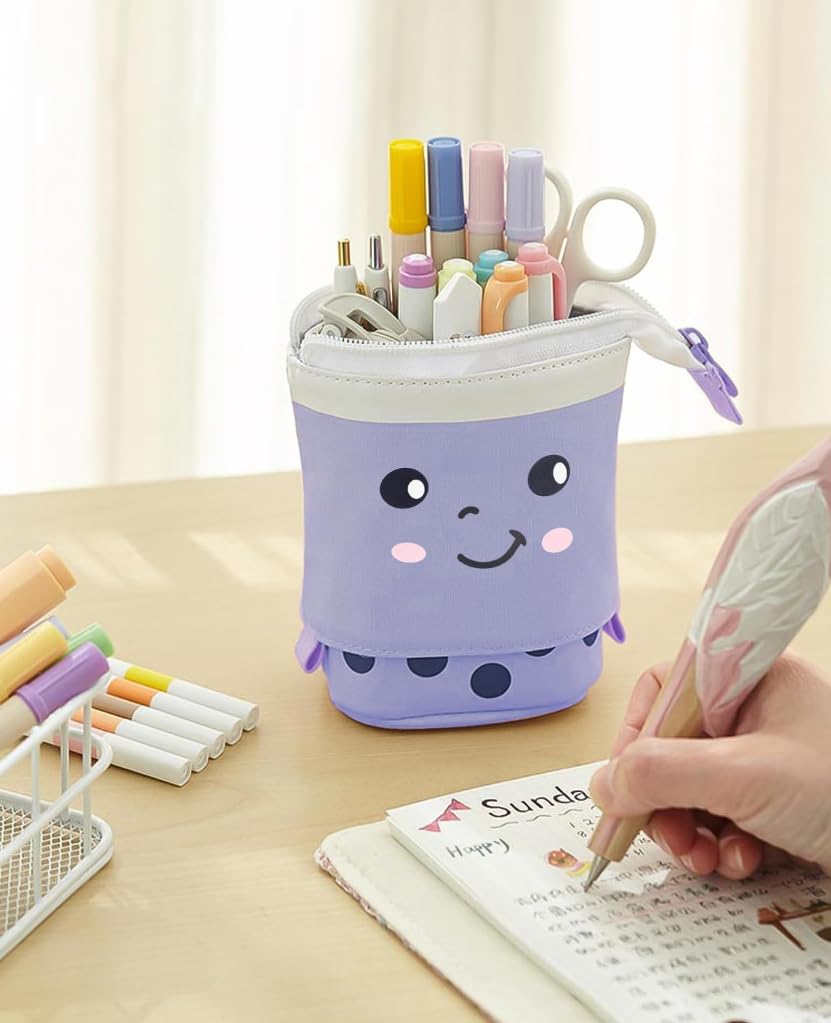 Zibuyu Telescopic Standing Pencil Case for School and Office with Dual Handles and Canvas Design | Cute Purple Boba Tea Holder for Girls
