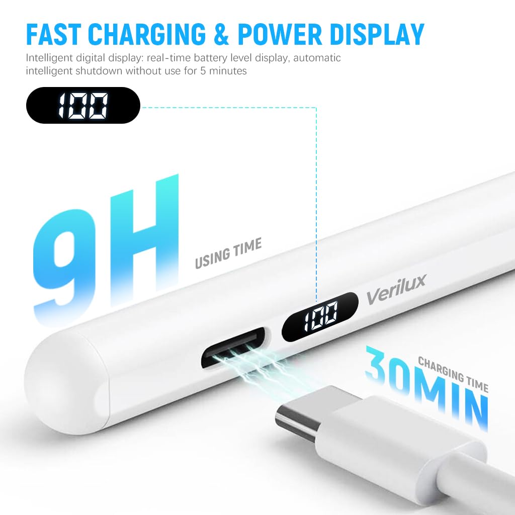 Verilux Stylus Pen for iPad and Android with LED Battery Indicator and 8–10 Hour Use | Fast Charging Precision Writing Tool