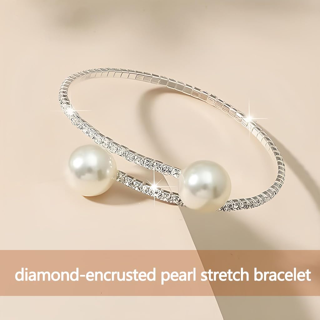 Zibuyu Pearl Bangle Bracelets for Women with Adjustable Cuff and Crystal Rhinestones | Elegant Bridal Jewelry Accessory