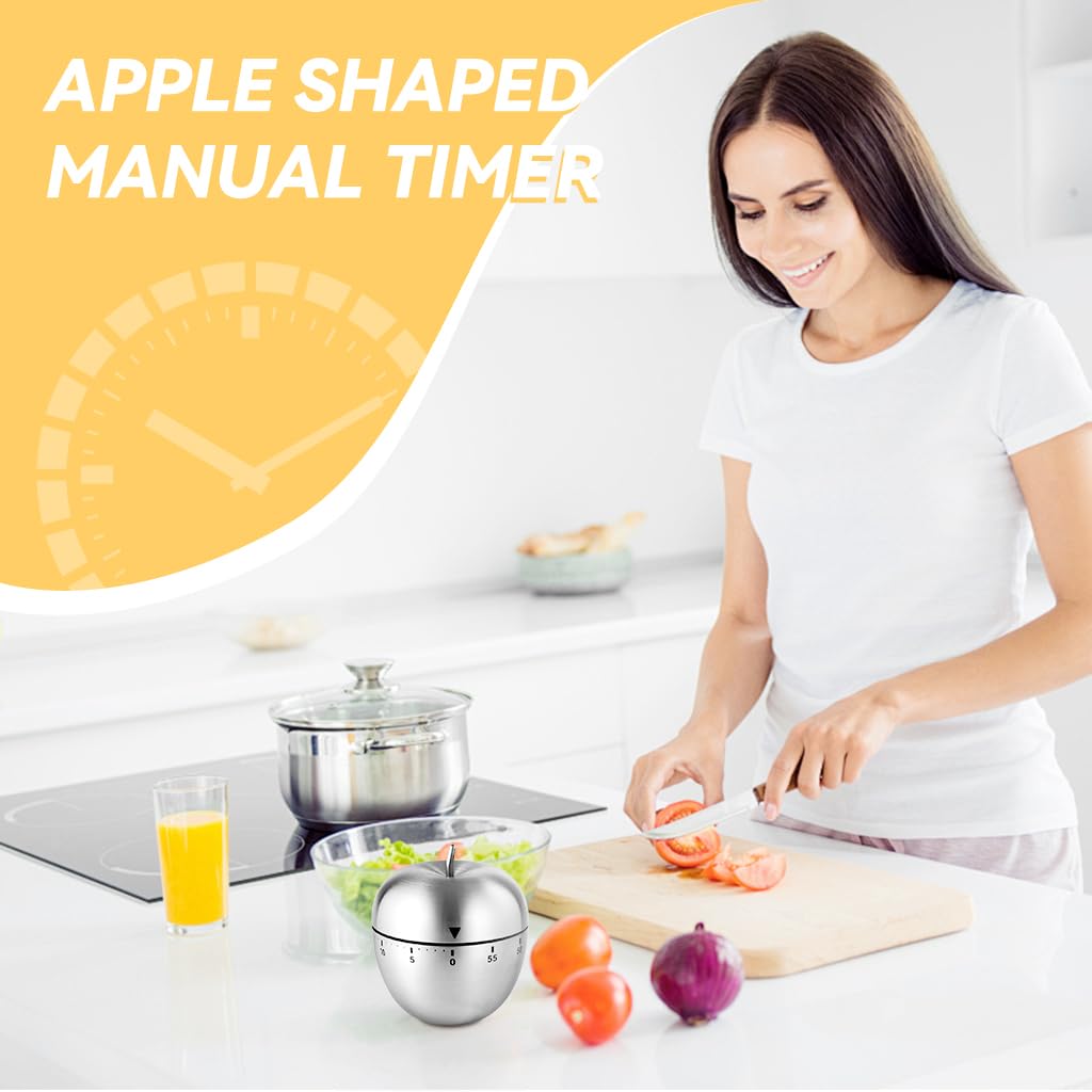 ZIBUYU® Kitchen Manual Timer Stainless Steel Apple Mechanical 60mins Countdown Kitchen Timer  70 Decibels Kitchen Timer Learning Timer