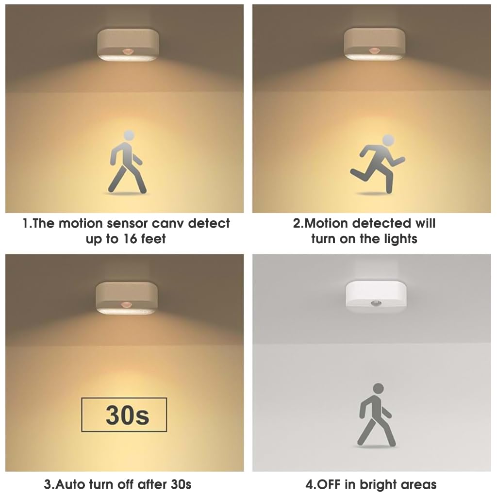 ELEPHANTBOAT® 2Pcs Motion Sensor Light for Home, Small LED Wall Lights Warm Night Lights, Cordless Battery Operated Step Night Light Wall Light for Stairs Hallway Kitchen Cabinet