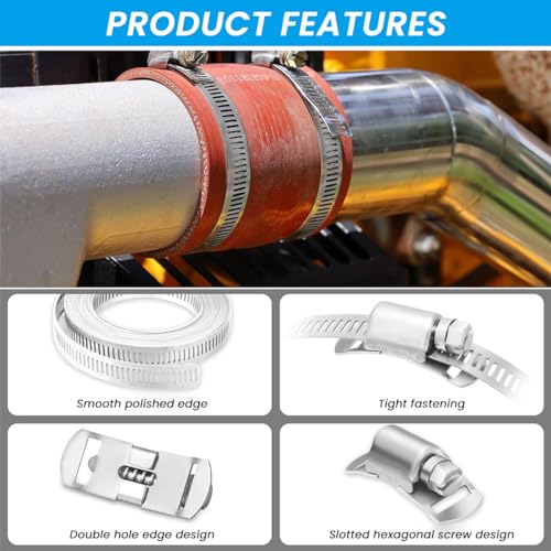 Serplex® 26.6ft Cuttable Hose Clamp Roll with 16 Bolt Attachments, 304 Stainless Stee Adjustable House Clamp Assortment Kit Worm Gear Band Hose Clips Screw Clips Duct Pipe Metal Strapping