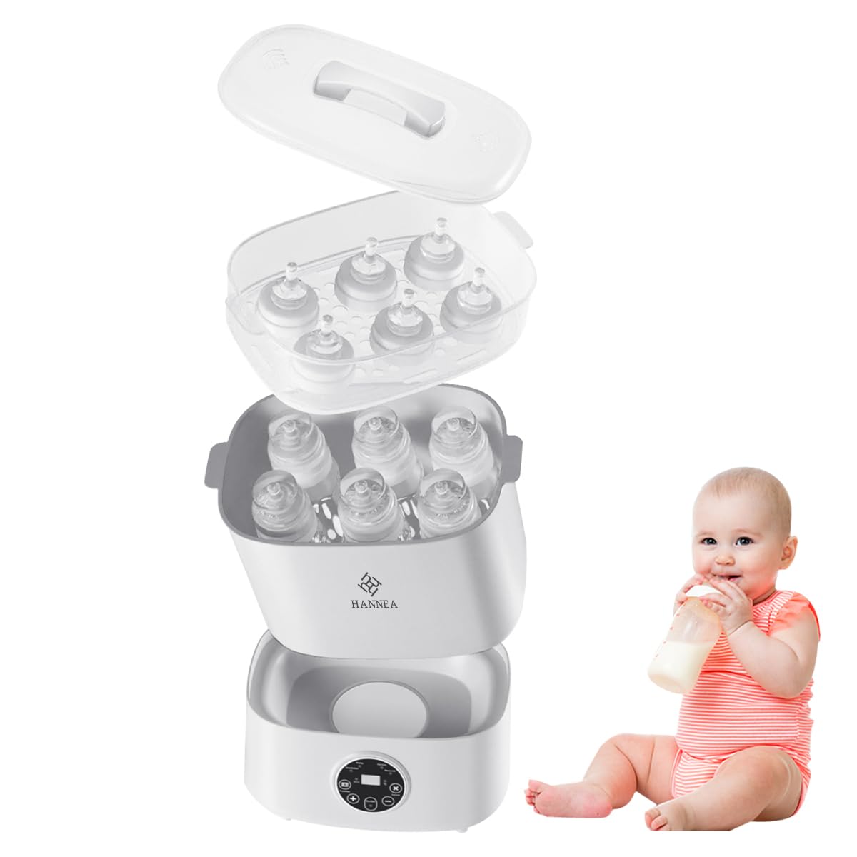 HANNEA Baby Bottle Sterilizer with LED Screen and 360° Hot Wind Drying | Fits 6 Bottles