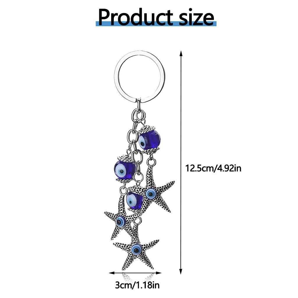 Zibuyu Creative Blue Evil Eye Keychain with Starfish Design Alloy and Colored Glass | Protective Charm for Keys Cars Bags and Home Decor
