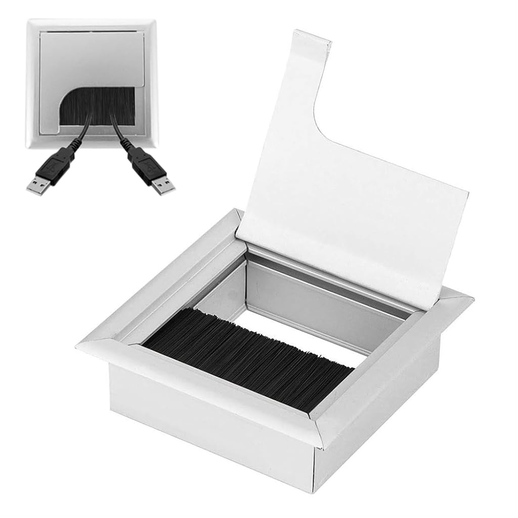 HASTHIP Desk Cable Management Hole Cover for Office Organization with Flip Lid & Brush 80x80mm Aluminium Silver