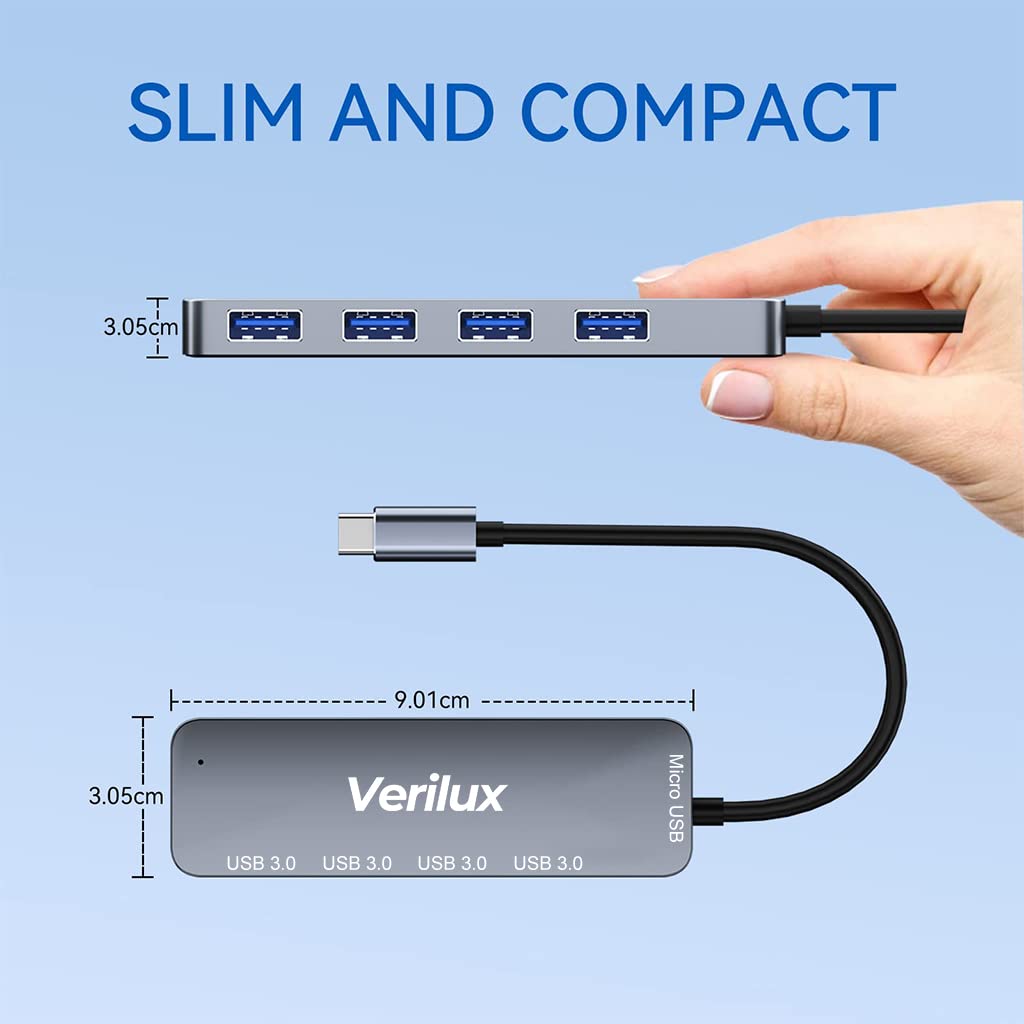 Verilux USB C Hub,USB C Extender with 4-Ports,4 in 1 Multiport USB Hub,Aluminum Alloy,Faster Transmission,USB Hub for Home & Work,Compatible with Most USB C Devices