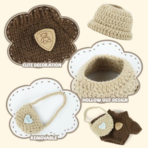 PATPAT® Clothes for 17cm Dolls Set Plush Toys Crochet Knitted 3 Piece Hat Backpack Stylish Cute Dress up Accessories No Doll Brown 6PCS