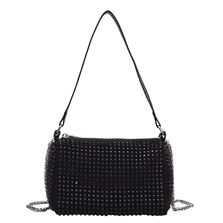 ZIBUYU® Women Evening Bag Shoulder Bag Small Shoulder Bag Chain Bag Soft Handbag Black Diamond-Embellished Shoulder Bag Daily Bag Evening Bag with Metal Chain Strap