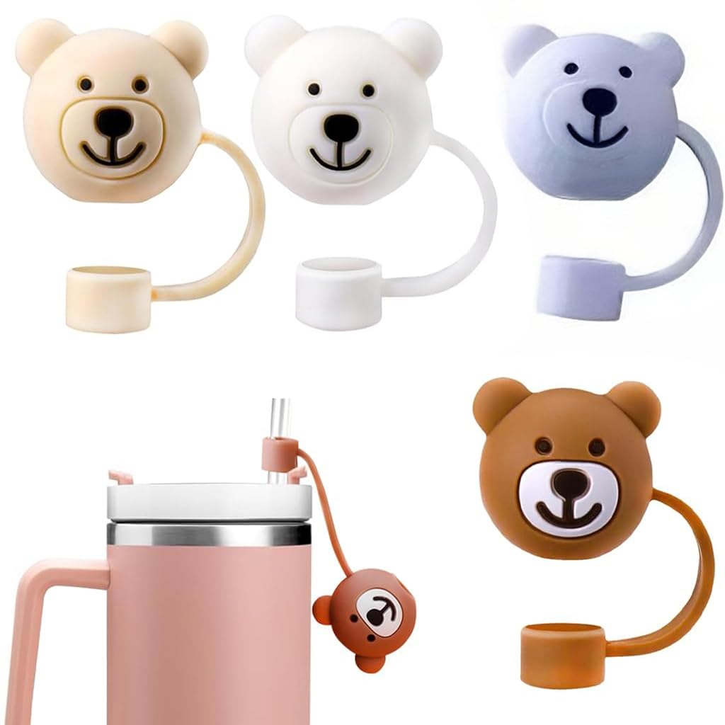 ZIBUYU Silicone Straw Toppers for Stanley Cups featuring Dustproof Leak-Proof Seal | 4Pcs 10mm Food-Grade Bear Tip Covers