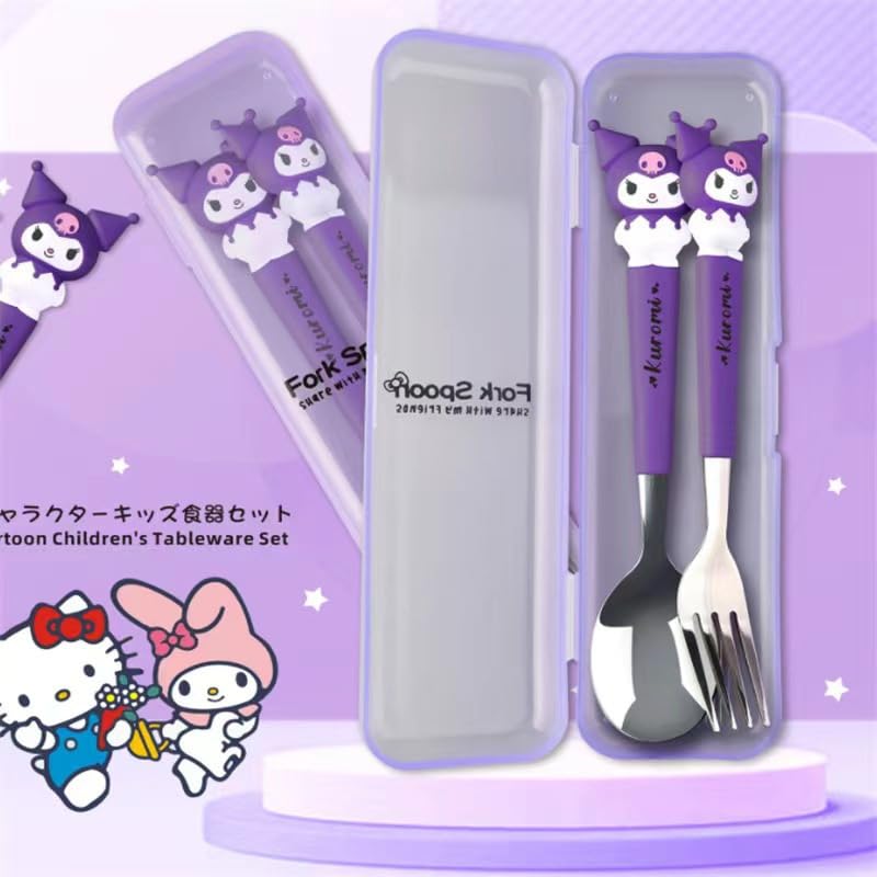 Supvox Spoon Fork Combo Set for Lunch Box with Kuromi Design 6PCS 7.87 in | Kids Utensils