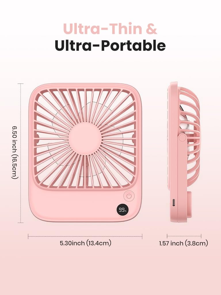 Verilux USB Fan for Desk and Travel featuring Kickstand and 4-Speed Airflow | 5000mAh Rechargeable Pink Fan