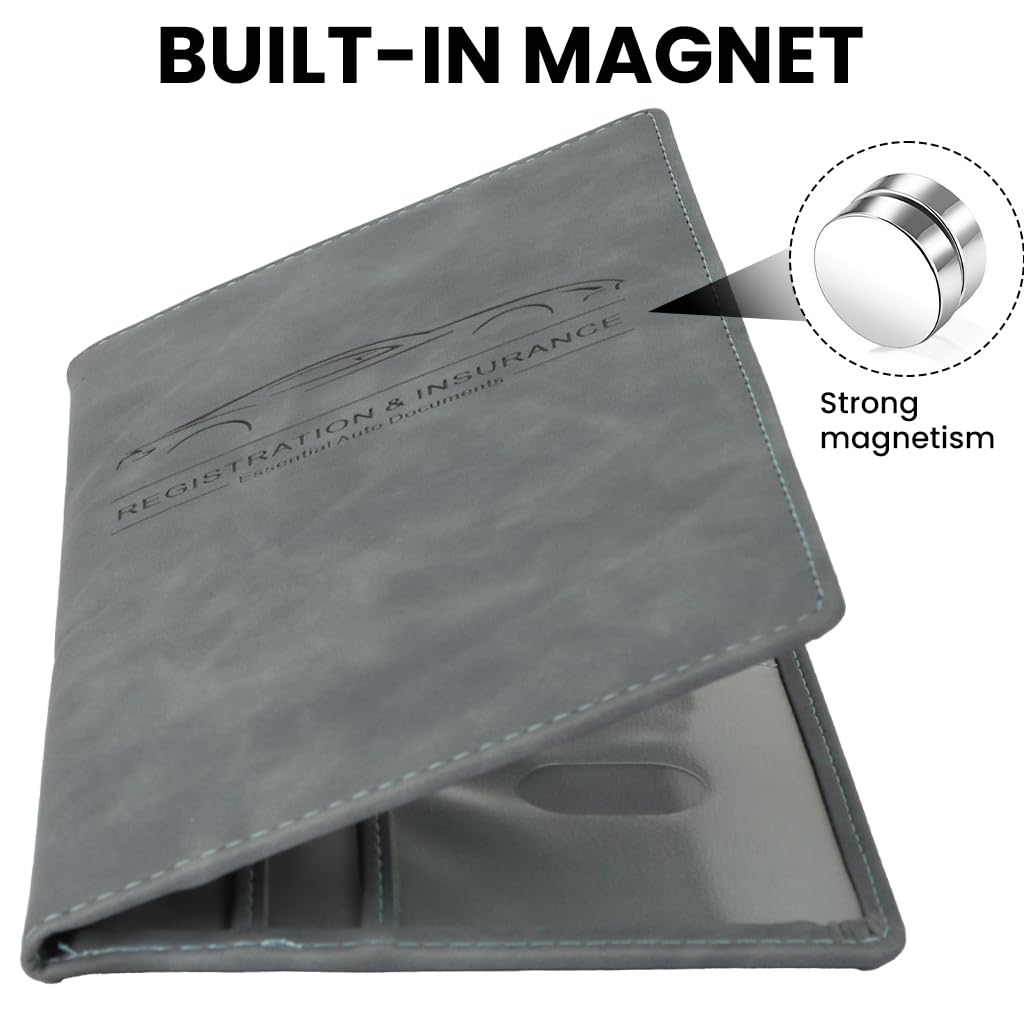 Zibuyu Car Registration and Insurance Holder with Magnetic Closure and 6 Transparent Pockets Grey 24 x 12.9 x 1 cm | Glove Box Organizer
