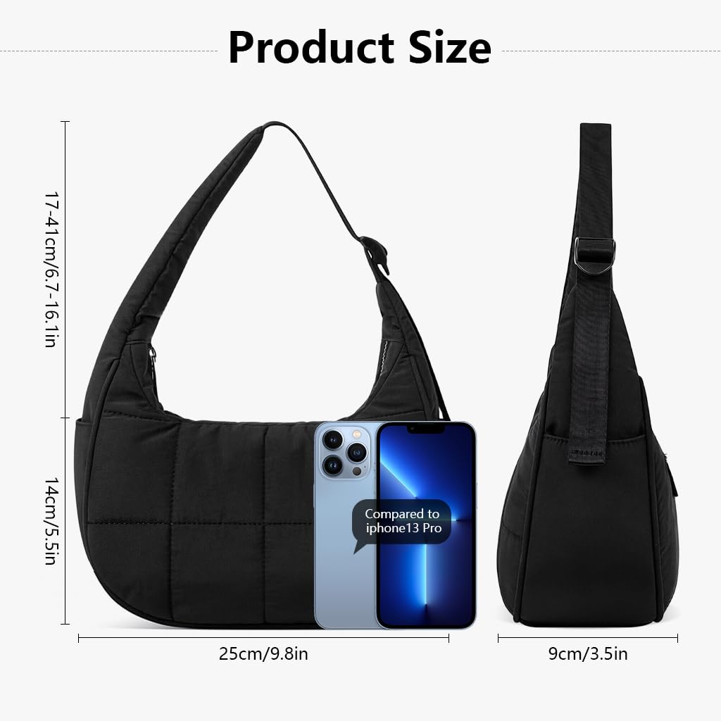 PALAY Shoulder Bag with Adjustable Patchwork Strap and Secure Zipper | 25 x 9 x 14 cm Black Nylon Quilted Crossbody for Women