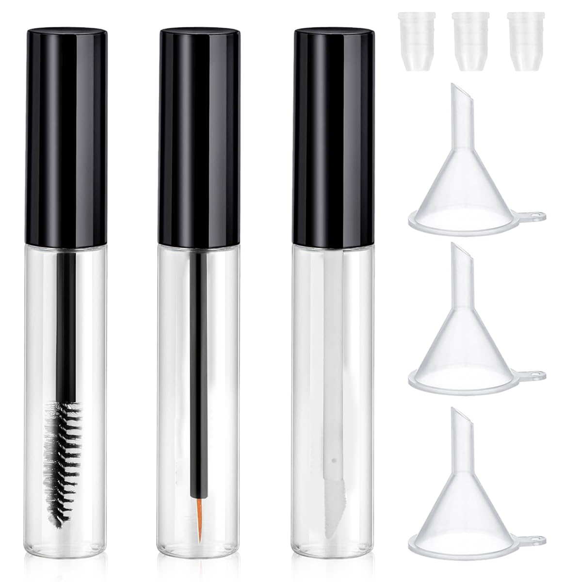 MAYCREATE 3Pcs 10ML Empty Mascara Tube, Eyeliner Tube and Lip Gloss Tubes, Lip Gloss Tubes with Wand, Eyeliner Tube with Rubber Inserts and Funnels, Airless Pump Bottles Travel Foundation Container