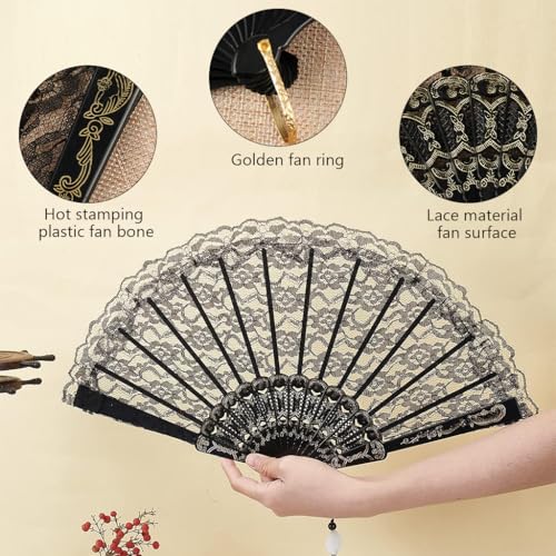 HASTHIP® 2PCS Chinese Hand Fan Black Lace Folding Fan with Tassel, Elegant Bamboo Frame, Vintage Cooling Accessory for Women, Portable Gift for Parties, Dances, Weddings, Purse-Sized, Lightweight