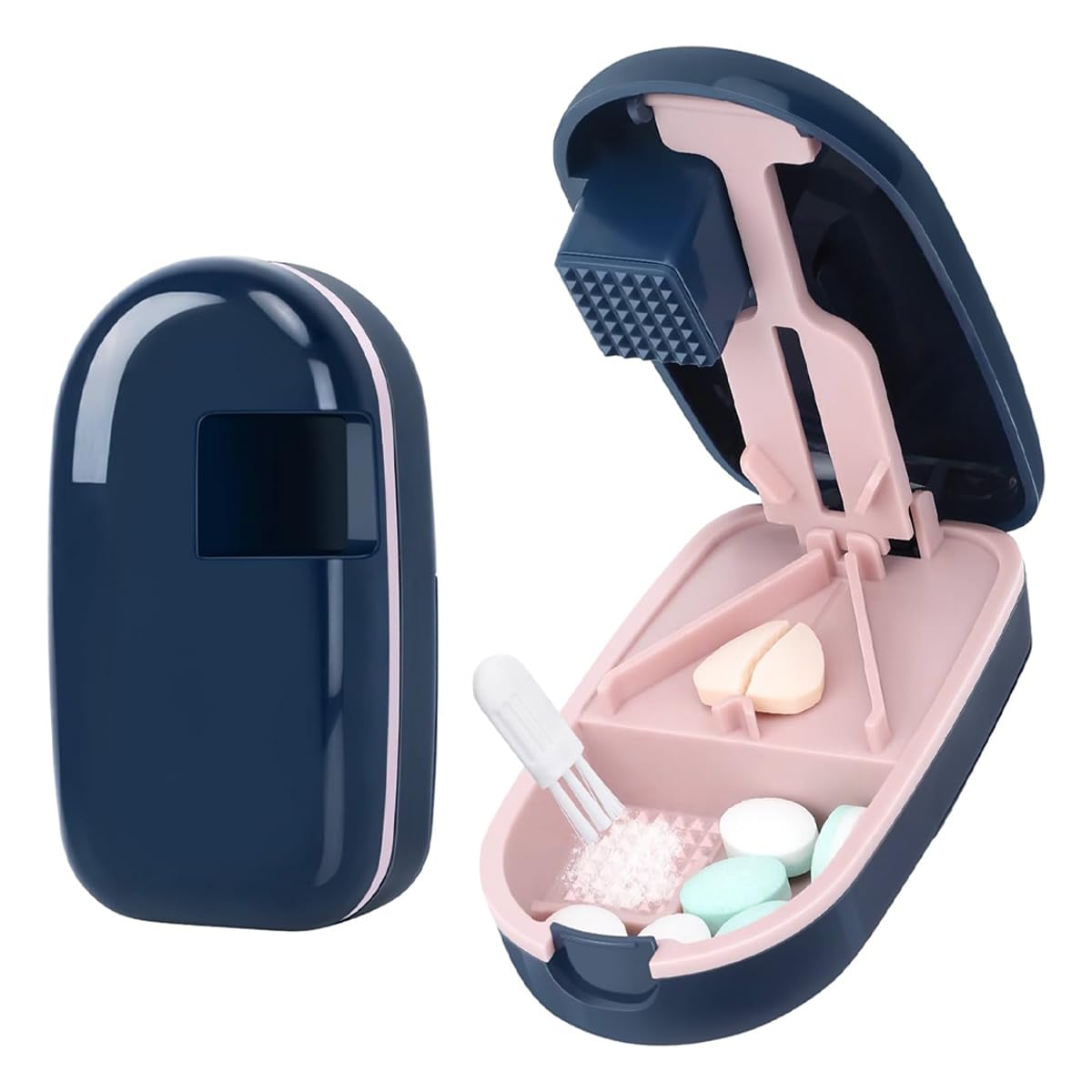 HANNEA Pill Cutter Splitter for Small Tablets with Safety Blade Guard and V-Shaped Groove | Blue Portable 0.08–0.8 in Pill Storage