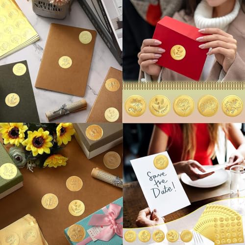 ZIBUYU® BrandName 250 Gold Embossed Envelope Seal Stickers, 5 Flower Patterns, 1.5 Inch Self-Adhesive Foil Seals for Wedding Invitations, DIY Crafts, Certificate Decoration, Parties & Gift Packaging