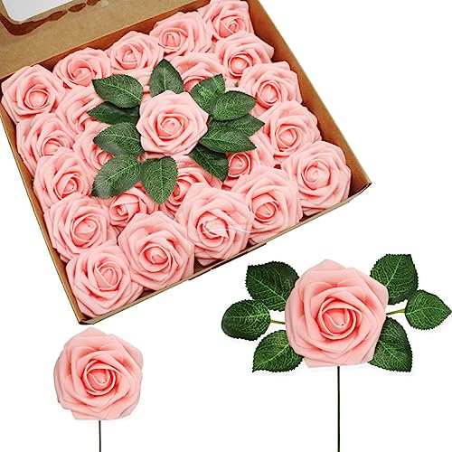 HASTHIP 25pcs Roses Artificial Flowers Box Set, Foam Pink Fake Roses with Stems for DIY Wedding Bouquets Centerpieces Arrangements Party Baby Shower Home Decorations