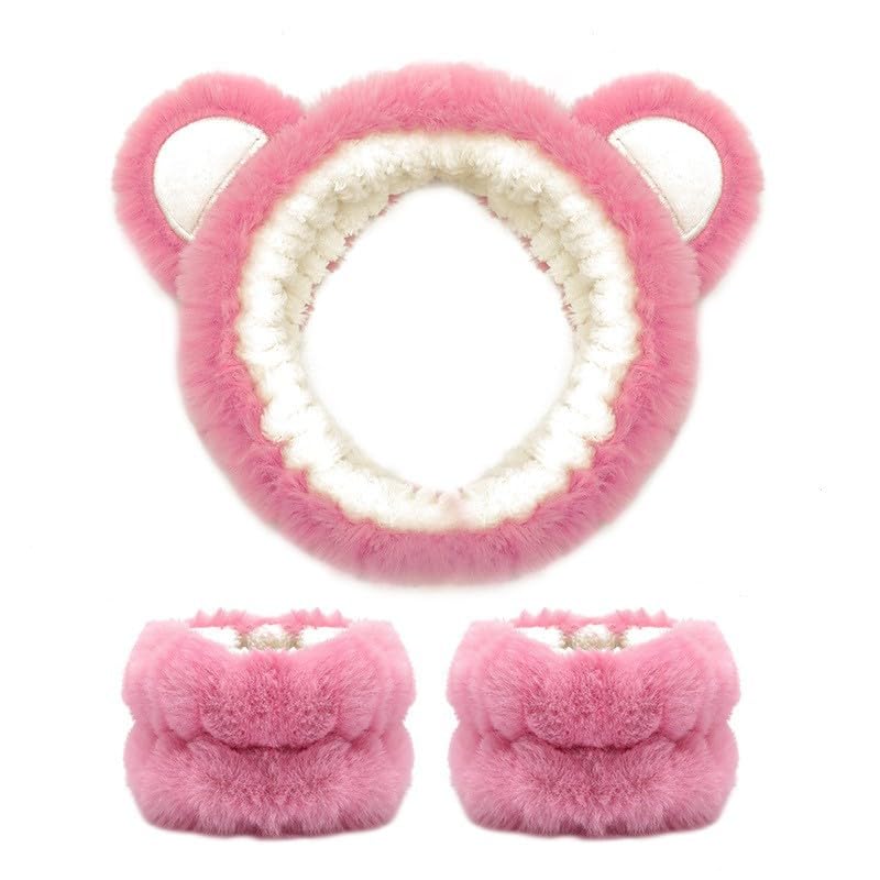 MAYCREATE® Skincare Headband for Women & Wrist Band for Face Wash 3pcs Combo, Cute Facial Makeup Hair Band and Wrist Bands Towel, Bear Ears Face Wash Spa Headband for Women Girls - Pink