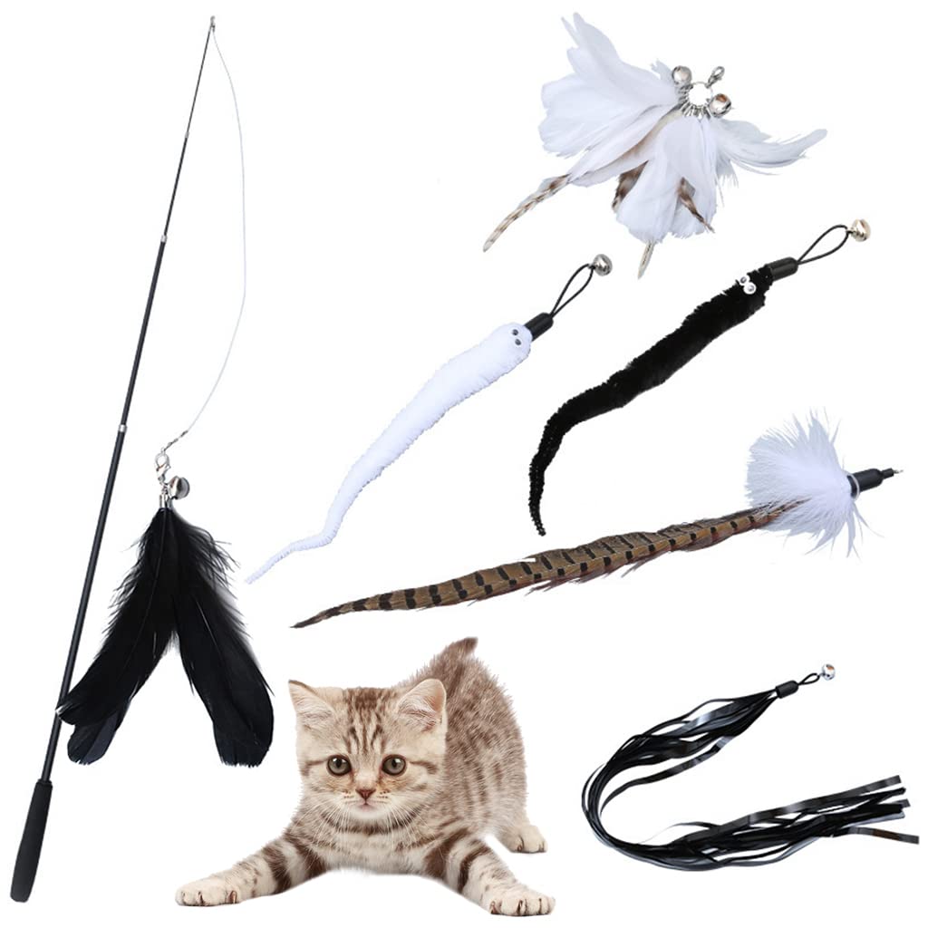 Qpets® 7 Piece Cat Feather Toys Interactive Cats Teaser Wand Toy Retractable Teaser Wand Feather Worm Teaser Cat Toys