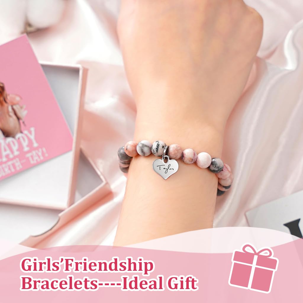 Venzina Taylor Swift Bracelet with Pink Stone Beads and Heart Charm for Women | Gift for Swifties