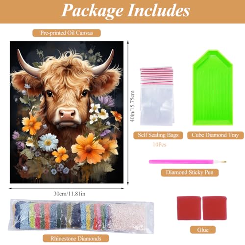 HASTHIP DIY 5D Diamond Painting Art Craft Kit Creative Cattle Art Diamond Painting Wall Decor DIY Diamond Painting Material Kit for Kids & Adults No Frame DIY Diamond Painting Art Kit, 12x16inch
