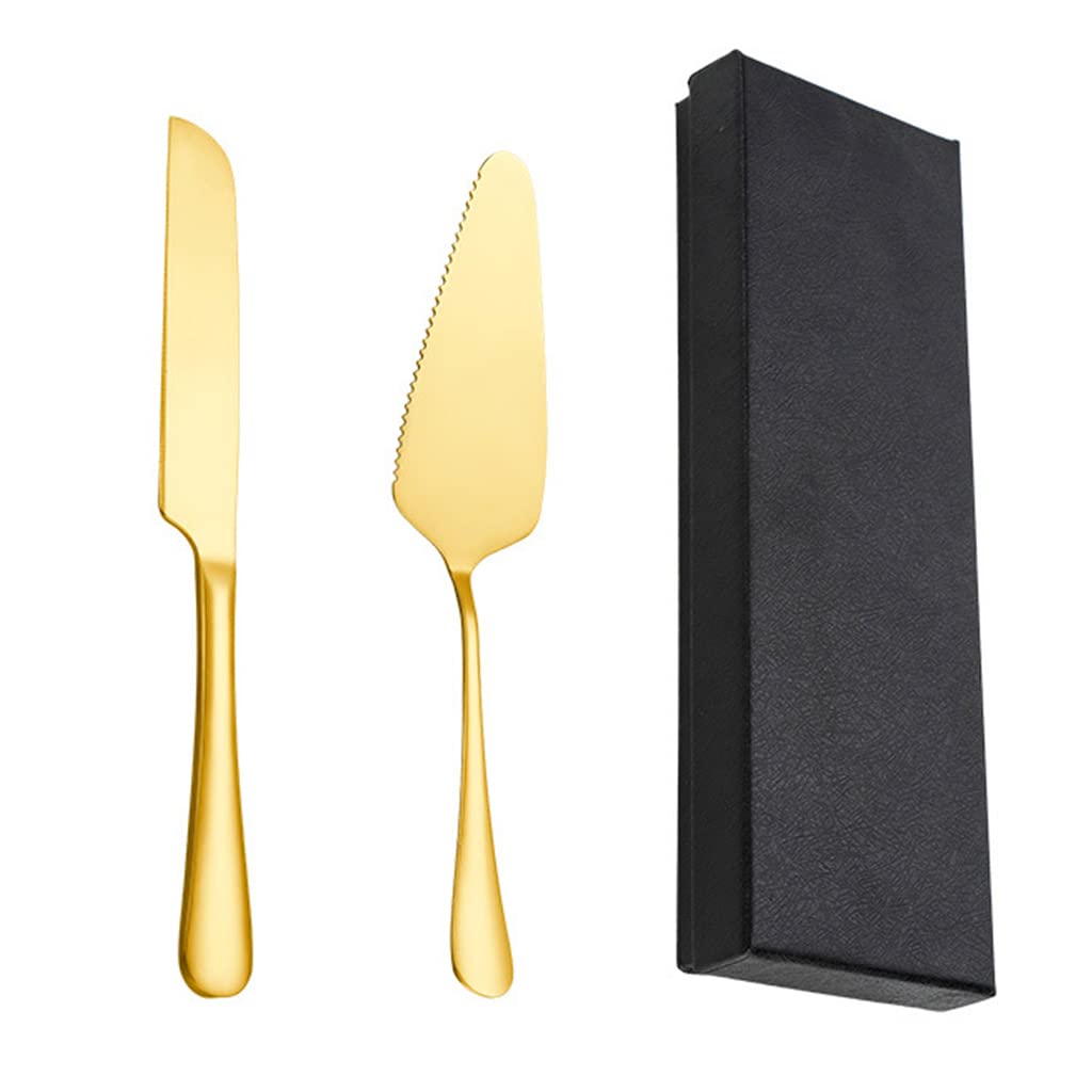 Supvox Cake Cutting Knife Set for Birthday and Wedding with 9 in Cutter and 8.6 in Server | Gold Stainless Steel Gift Set