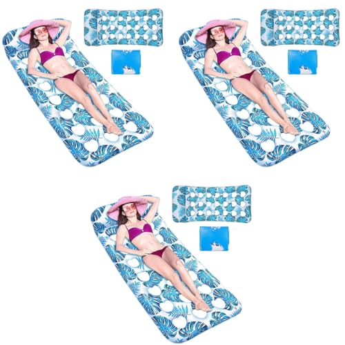 Proberos® Premium PVC Pool Lounger for Adults 160cm Extra-Long Inflatable Floating Bed with Headrest Sun Shade Heavy-Duty Float Sunbathing Lake Beach Blue 3 PCS