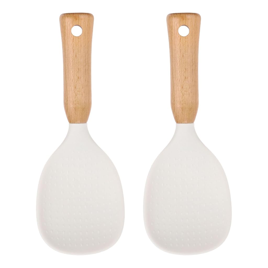 ZIBUYU® 2PC Spoon Set For Kitchen Spatula Silicone Non Stick Rice Kitchen Utensils - Vertical Rice Shovel Hangable&Wooden Handle Perfect For Serving  Food, And Mashed Potatoes/Durable & Easy To Clean