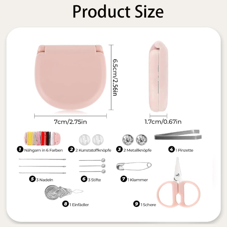 ZIBUYU Sewing Kit for Travel and Emergencies with Folding Box 8 Pieces Pink Case | Beginners
