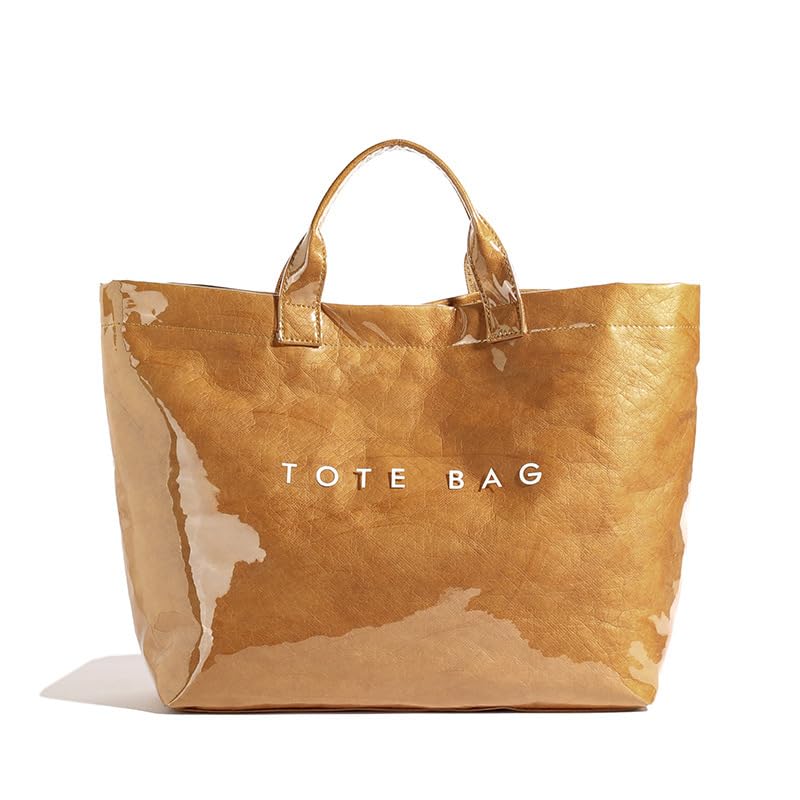 PALAY® Tote Bag Fashion Waterproof Coated Paper Tote Vintage Hand Bag Minimalist Letter Prints Laptop Bag Handbag Wear-resistant Carry-on Day Bag for Daily, Office, Travel, Yellow Brown