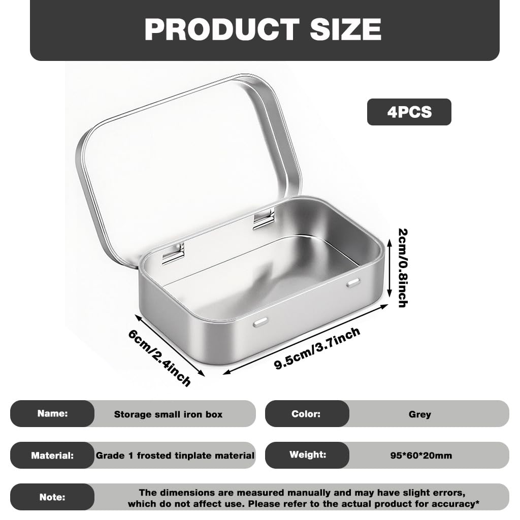 HASTHIP Small Tin Box for Storage with Hinged Lid 4 Pcs 31g Silver Aluminium | 95x60x20mm