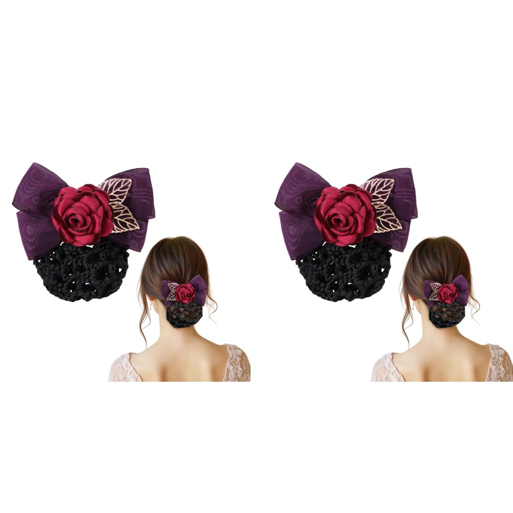 MAYCREATE Hair Bun Net for Women with Floral Rose Bowknot Clip | 2 PCS Mesh Snood Accessory