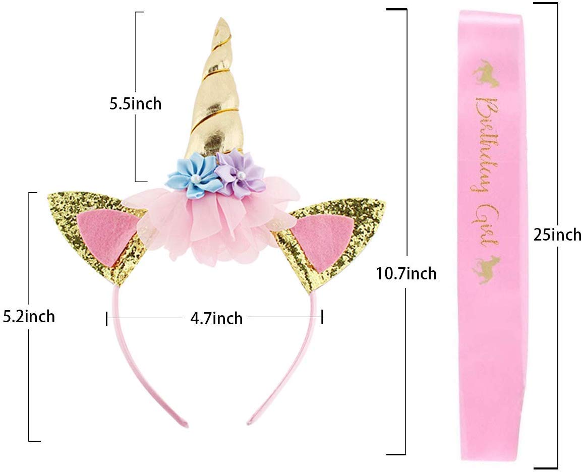PATPAT Unicorn Party Birthday Girls Set with Gold Glitter Horn Headband and Pink Sash
