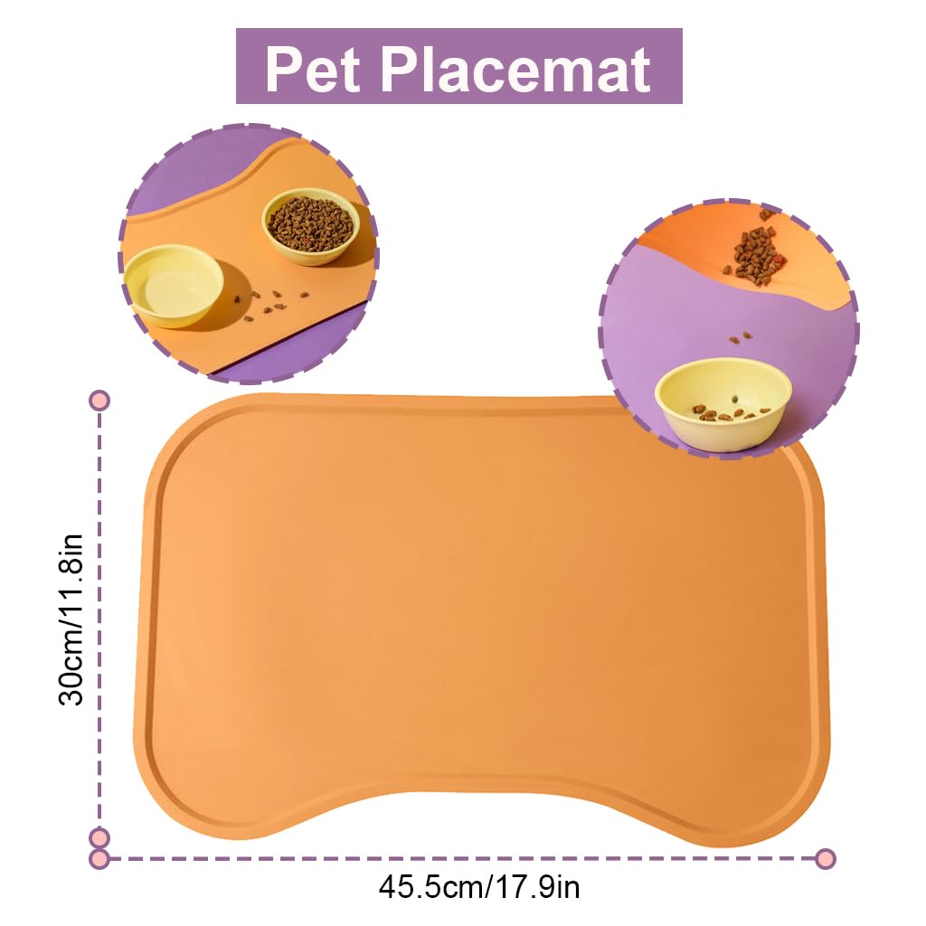 Qpets® Pet Feeding Mats, Cat Anti-slip Silicone Food Mat, Waterproof and Oil-proof Pet food Mat, Edge Curl Floor Food Tray, Strongly Adsorbed Ground Pet Placemat for Dogs Cats(45.5cm x 30cm, Orange)