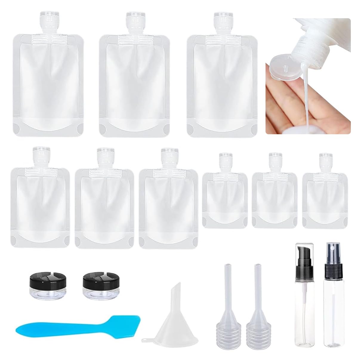 MAYCREATE® Travel Pouch for Toiletries Set of 17Pcs, Refillable Travel Bottles 30/50/100ml Stand Up Pouches with Cream Jar, Perfume Bottles & Tools Travel Accessories Kit