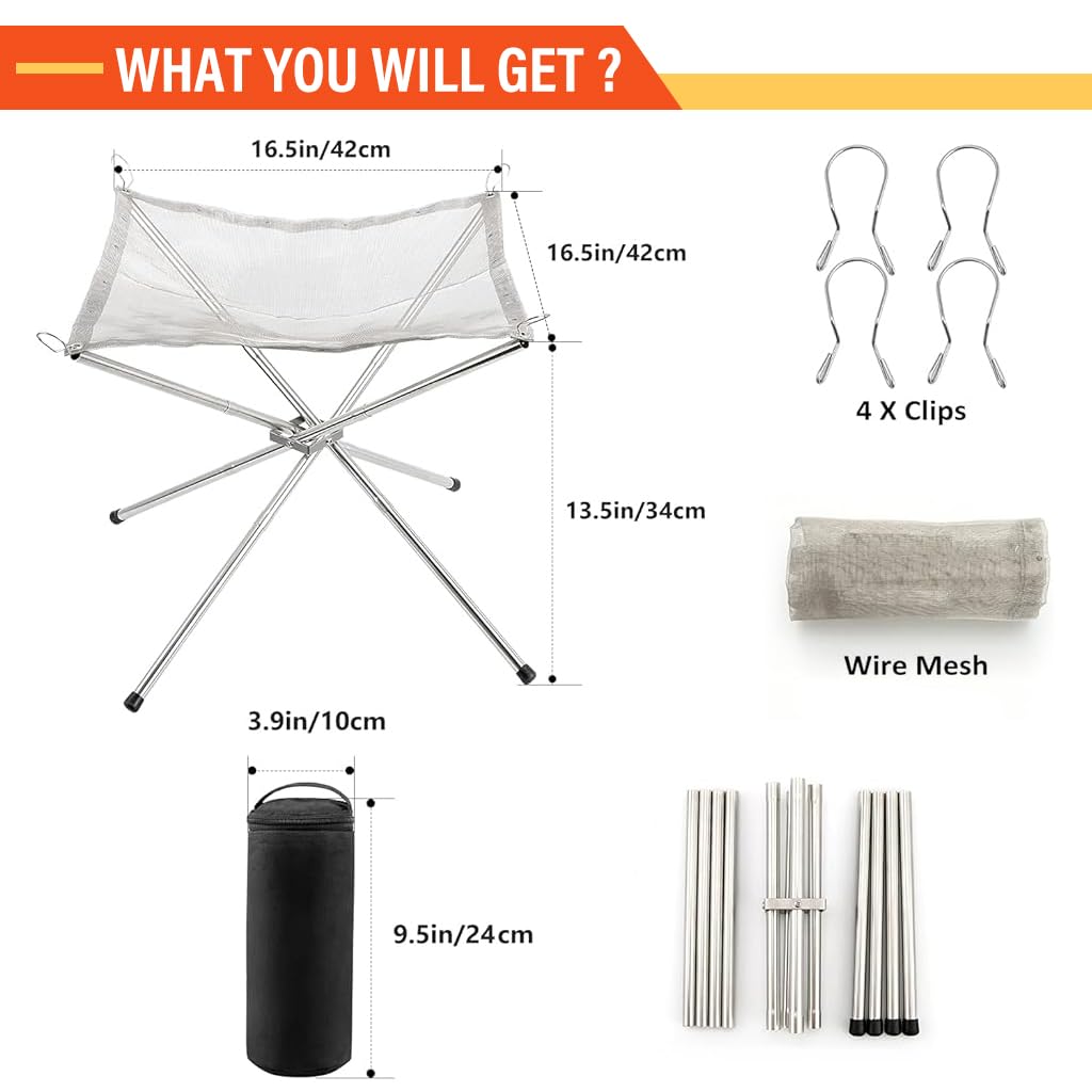 Proberos Portable Fire Pit for Camping with 3.6x3.6x13 in Foldable Design & 304 Stainless Steel Mesh