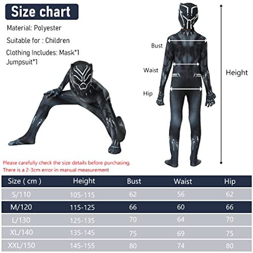 FANCYKU® Black Panther Mask Jumpsuit for Kids, 3D Digital Prints Black Panther Costume Toys for Children, Breathable Spandex Superhero Fancy Dress for Boys Girls Party Cosplay (for Height 115-125cm)