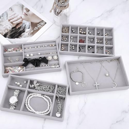 MAYCREATE® Set of 4pcs Stackable Jewelry Organizer Box Tray, Earring Jewellery Organizer for Women, Drawer Inserts Container Display Case for Necklace Bracelet Ring Brooch