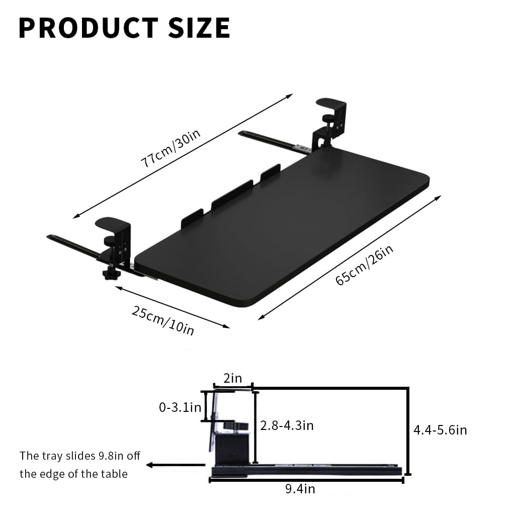 Verilux® Keyboard Tray Under Desk Pull Out Keyboard Rack, Retractable Clip Mount Installation Drawer Style Keyboard Rack Under Sliding Keyboard Rack for PC Desk, Office Desk, Dorm, 25.5'' x 9.8''