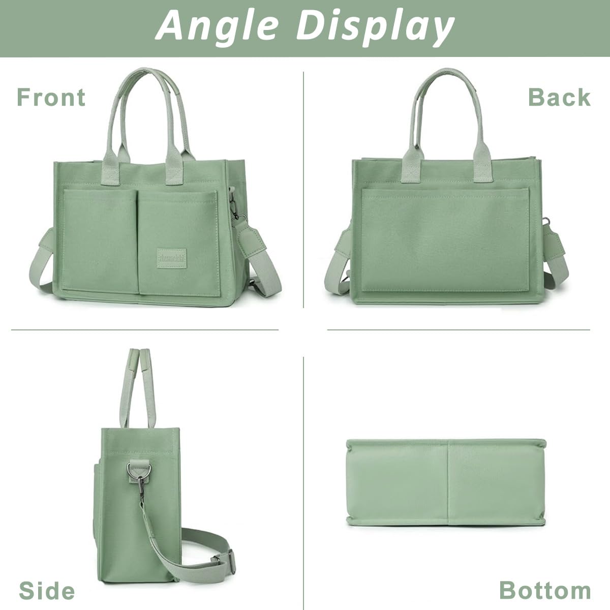 PALAY Casual Tote Bag for Women Multi Pockets Canvas Hand Bag with Removable Shoulder Strap Crossbody Tote Bag Chic Mint Green Canvas Day Bag Tote Bag for Commuting