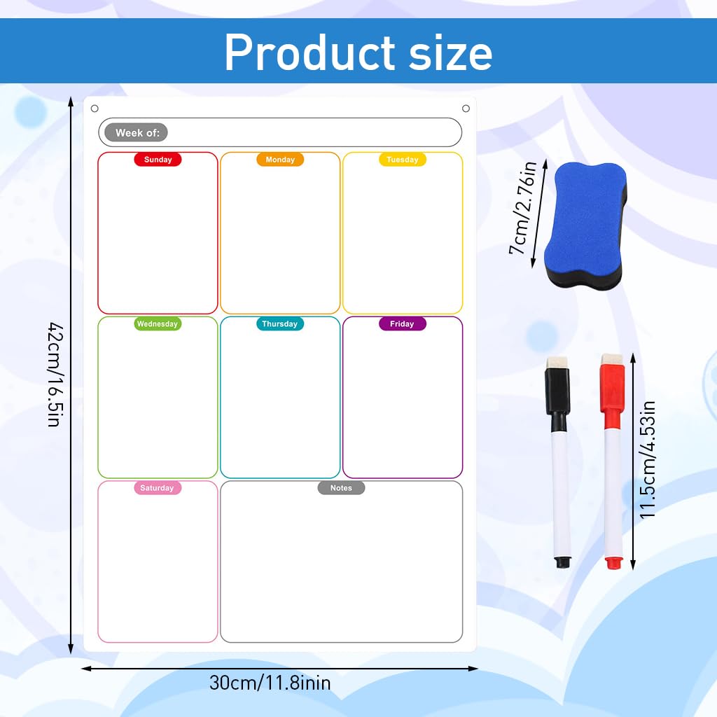 ZIBUYU Weekly Planner Magnetic Board for Fridge with Strong Magnetic Backing 29.7x42cm | Includes Marker Pens and Sponge Eraser