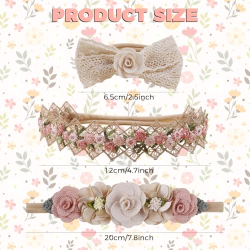 SNOWIE SOFT® 3Pcs Hair Bands for Baby Girls 0-24 Months,3-Design Nylon Turban Knotted Bow Baby Girl Hair Bands Flower Crowns,Soft High Elastic Headbands for Girl - Accessories