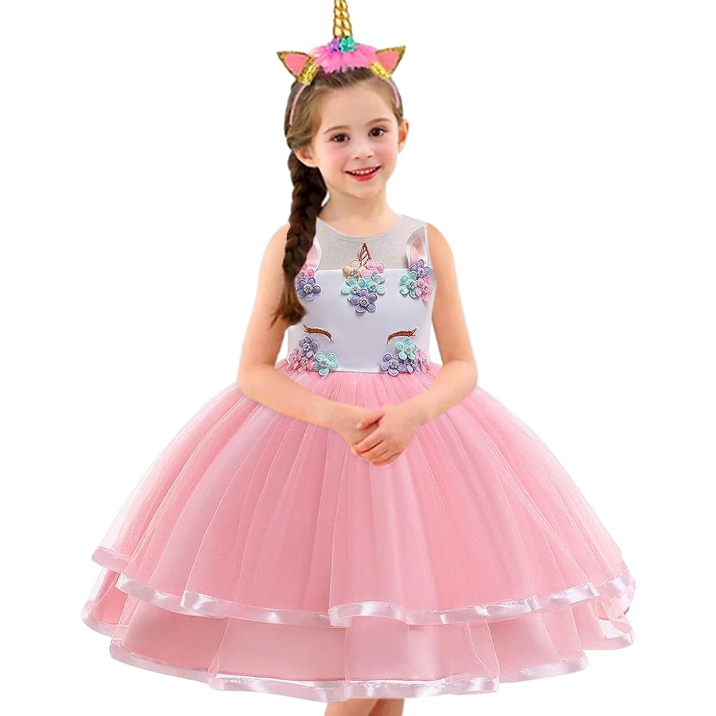PATPAT Unicorn Princess Dress for Girls with Embroidered Lace Hem Pink Cotton 110cm Size
