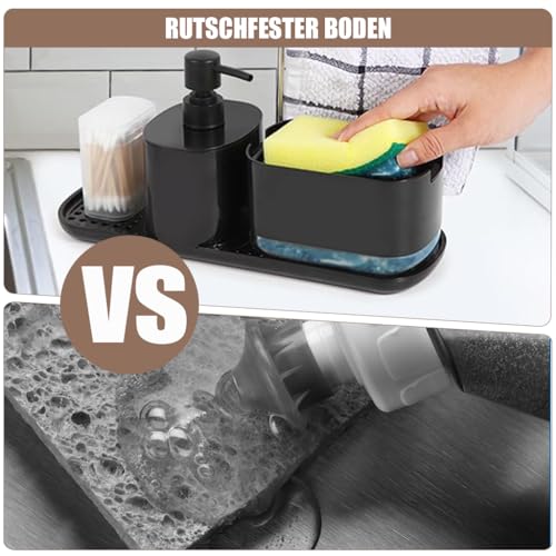 HASTHIP® Metal Kitchen Soap Dispenser Set With Sponge Drain Rack Tray and Dishcloth Holder Sink Countertop Pump for Bathroom Black 2 PCS