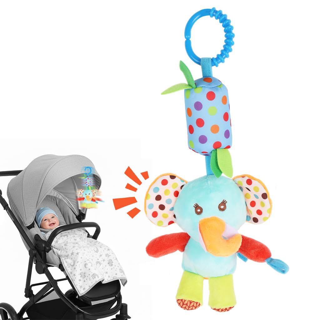SNOWIE SOFT Baby Toys for 6 to 12 Months with Rattle Sound and Open Ring Clasp | Plush Elephant Hanging Toy for Stroller and Crib