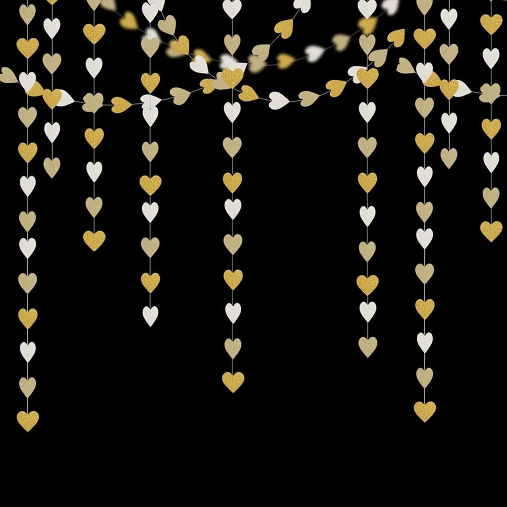 SNOWIE SOFT® White-Gold Champagne Party-Decorations, Heart Paper String Party Decorations For Wedding 4m/13ft  Heart Ring Wedding Paper Streamers Banner Gradient Banner Door Curtain Pendant