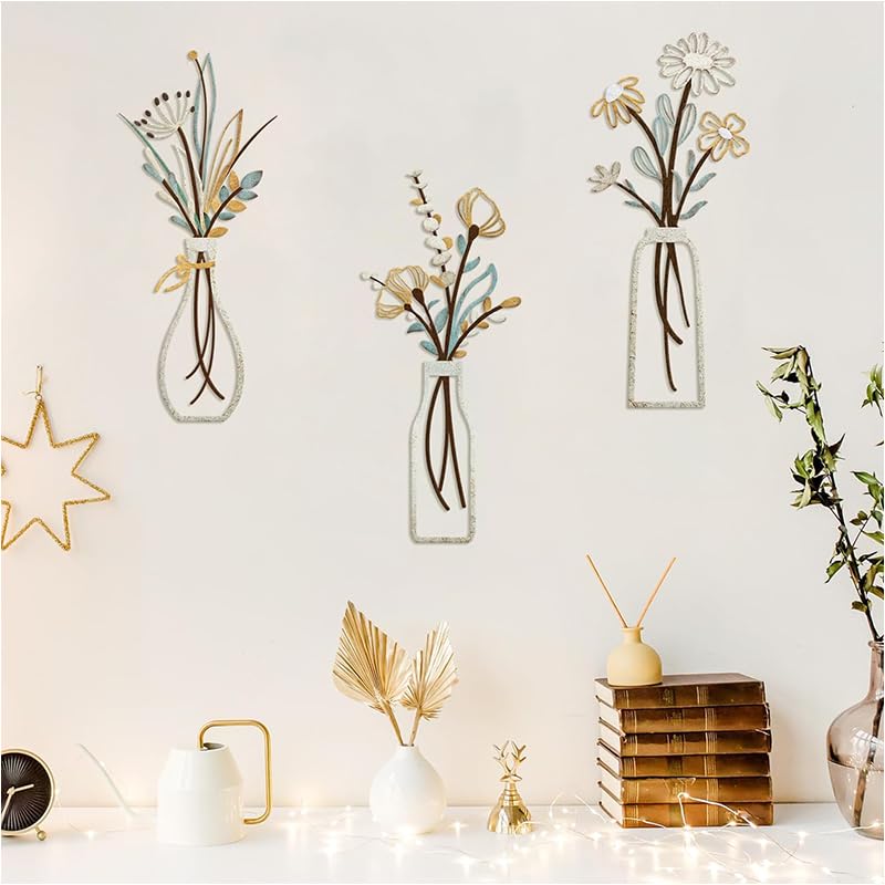 Zibuyu Metal Flowers Wall Art Set of 3 for Living Room with Beige Rustic Farmhouse Charm