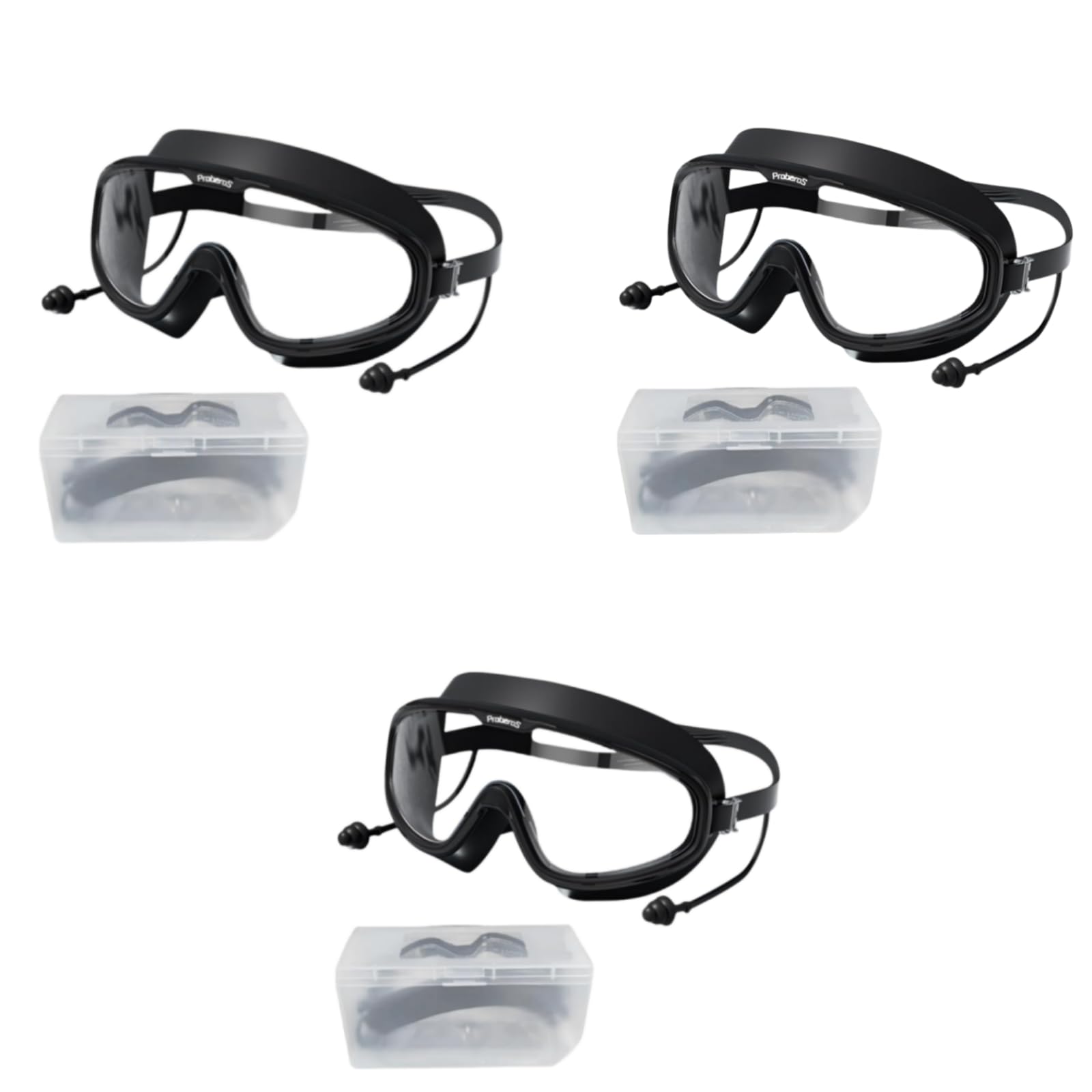 PROBEROS Swim Goggles for Adults with 3 PCS Set featuring Triple Layer Earplugs and Black Silicone Frame