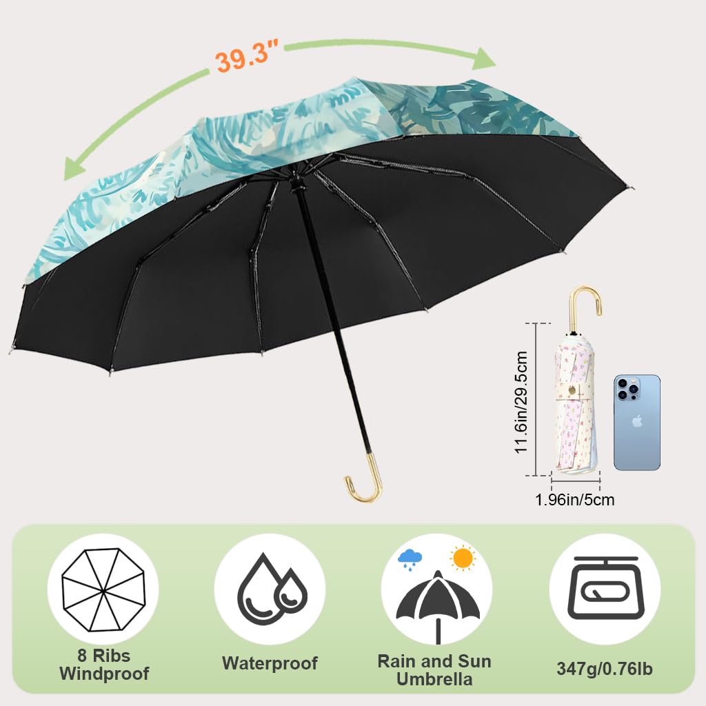 Zibuyu Umbrella for Sun Protection with 8 Fiber Ribs and Golden Curved Handle | 100cm Canopy